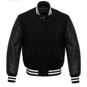 Vestes de baseball pour hommes Napoleon en laine noire avec manches en cuir véritable noir, style universitaire, vente en gros - Product Image 1