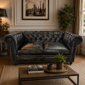 Elegant 2 Seater Chesterfield <b>Sofa</b> Genuine Leather with Rolled Arms Tufted Backrest and Solid Wood <b>Legs</b> Compact Couch - Product Image 2