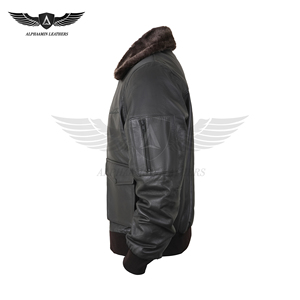 Chaqueta de Cuero Tipo Bomber Impermeable para Hombre, Personalizada, con Cierre de Cremallera, Decoración de Plumas y Ribete de Piel de Oveja - Servicio OEM - Product Image 4