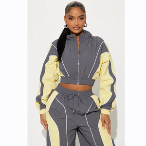 Survêtement femme color block avec pantalon long à capuche et cordon de serrage, style sportif léger, coupe-vent décontracté pour le printemps - Product Image 3