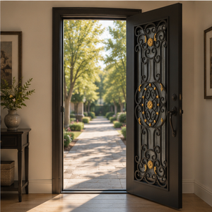Puerta de Entrada de Hierro Forjado Negra y Dorada de Lujo, Puerta de Seguridad Metálica Decorativa con Vidrio Esmerilado, Diseño Personalizado para Puerta Principal de Villa - Product Image 3