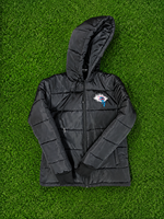 Blouson matelassé en toile à capuche avec patch brodé sur le devant, design écologique, couleurs rose, vert, rouge, unisexe