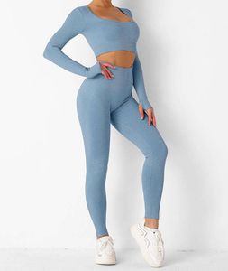 Ensemble 2 pièces soutien-gorge de sport et leggings taille mi-haute, couleur unie, logo avant, respirant, séchage rapide, vêtements de sport, gym, fitness, yoga pour femmes - Product Image 5