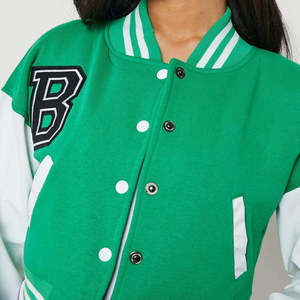 Green White Color Block Varsity <b>Jacket</b> <b>Cropped</b> Loose Fit Turn Down Collar Button Front Casual Spring Style Unisex - Product Image 6