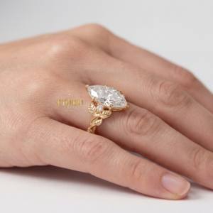 Anillo de Compromiso Ecológico y Moderno, Inspirado en la Naturaleza, con Tres Piedras Marquise, Diamante Creado en Laboratorio, Oro Sólido de 14K, para Mujer, Aniversario - Product Image 4