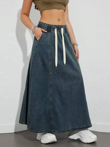 Harajuku Denim <b>Skirt</b> y2k Aesthetic <b>Elastic</b> Drawstring High Waist A Line Flare Jean <b>Skirt</b> Ladies Vintage <b>Skirts</b> Streetwear - Product Image 2