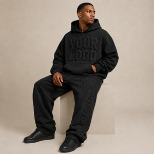 Custom Unisex <b>Black</b> Tracksuit Set 3D Embroidered Logo Streetwear Hooded Sweatshirt & <b>Pants</b> Full Length Loose Fit Adult - Product Image 2