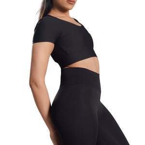 Camiseta Deportiva Corta Acanalada para Mujer, Personalizada OEM, Transpirable, Elástica, para Yoga, Gimnasio, Entrenamiento, Fitness, Ropa Deportiva, Ajustada - Product Image 5