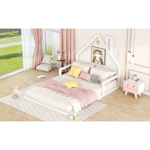Letto per bambini a grandezza naturale bianco con testiera a forma di casetta, concetto pavimento in legno - Product Image 5