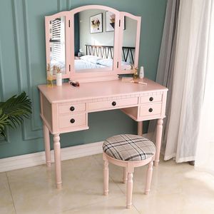 "Oak <b>Makeup</b> Vanity Table with 3 Square <b>Mirror</b> Drawers & Roman Column Design" - Product Image 3