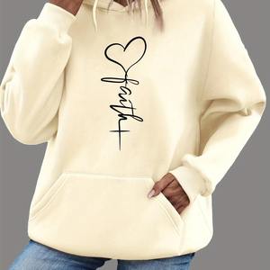 Women's Cream Hoodie Faith <b>Heart</b> Cross Print Long Sleeve Casual Breathable Eco-Friendly Fleece Long-Sleeved Hooded <b>Sweatshirt</b> - Product Image 1