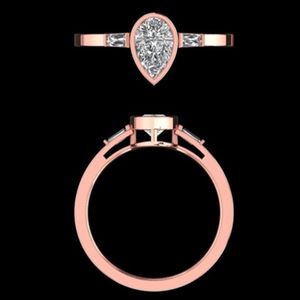 Modern 14k 18k Rose <b>Gold</b> 1.11 Carat Pear Diamond Engagement <b>Ring</b> Minimalist Bezel <b>Set</b> With Baguette Accents Bridal Jewelry Gift - Product Image 2