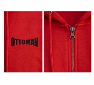 เสื้อฮู้ดซิปเต็มตัวสีแดงออตโตมันสำหรับผู้ชาย มีกระเป๋าหน้าและฮู้ดแบบมีเชือกผูก - Product Image 4