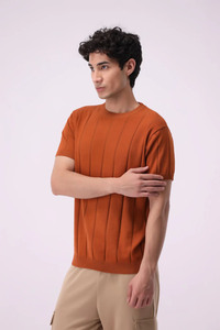 Camiseta de punto naranja de alta calidad para hombre, cuello redondo, manga corta, corte regular, color sólido, algodón, top de verano, venta al por mayor - Product Image 4