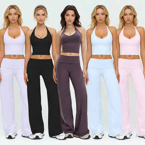 เสื้อครอปเซ็กซี่แบบผูกคอสำหรับผู้หญิงรุ่นใหม่พรีเมียม พร้อมกางเกงขาบานเอวสูง ผ้าเนื้อนุ่ม ระบายอากาศได้ดี น้ำหนักเบา เหมาะสำหรับโยคะ พิลาทิส และกิจกรรมออกกำลังกาย - Product Image 1