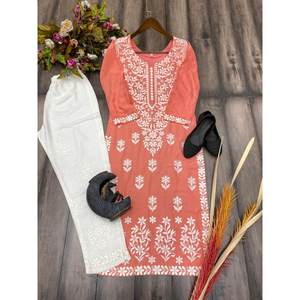 BORDADO HILO RAYON MODA TRABAJO KURTI CON PALAZZO PEACH - Product Image 4
