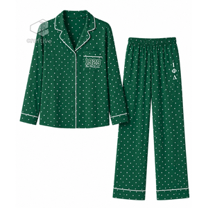 Iota Phi Lambda Sorority Women's <b>Green</b> Heart Print Pajama Set Button Front Long Sleeve Notched Collar Contrast Piping PJs - Product Image 1