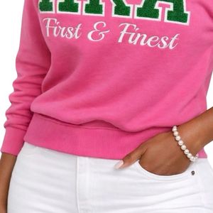 สีชมพู AKA First & Finest เสื้อสเวตเตอร์ยาวระดับเอว คอกลม แขนยาว เสื้อผ้าฟลีซเนื้อนุ่ม ผู้หญิง แฟชั่นลำลอง ชมรมนักศึกษา - Product Image 5