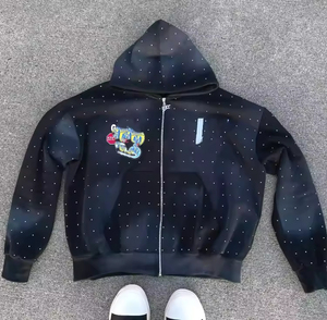 Sweat à capuche court zippé en molleton épais français personnalisé avec strass, effet délavé soleil, délavé à l'acide et broderie de patchs - Product Image 1