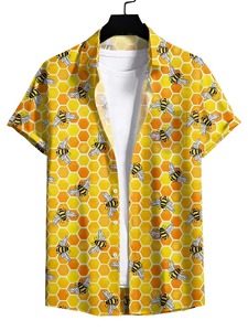 Chemise décontractée d'été pour homme, 300 grammes, respirante, anti-boulochage, en tissu satiné, à manches courtes, motif abeilles imprimé - Product Image 4