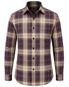 Camisa de Franela de Algodón a Cuadros Morada y Beige para Hombre, Manga Larga, con Botones, Estilo Casual y Formal, para Oficina, Personalizable - Product Image 1