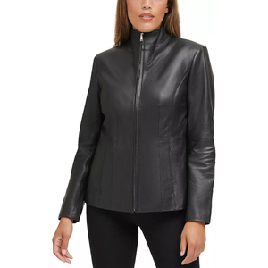 Veste moto en cuir véritable pour femme, manches longues, fermeture éclair, col montant, couleur unie, vêtement d'hiver - Product Image 2