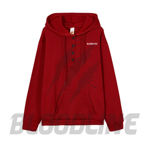 Sweat-shirt à capuche unisexe Bloodline, col boutonné, coupe ample, noir uni, coton French Terry, décontracté, pour l'automne - Product Image 6