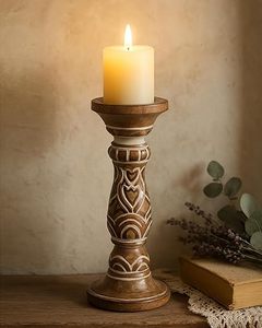 Support de bougie en bois, porte-bougie artisanal en bois pour salon, centre de table, décoration de couloir, finition polie, style antique W - Product Image 1