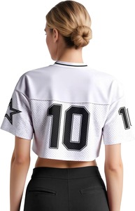 Top corto de malla para mujer, cuello en V, manga corta, estampado de estrellas número 10, estilo deportivo, transpirable, blanco - Product Image 3