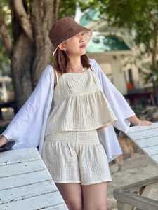 ชุดเซ็ตเสื้อผ้าผู้หญิงเอวสูงสีเบจผ้าฝ้าย พร้อมระบายขอบเอวยางยืด ทรงหลวม สไตล์ลำลอง ผ้าทอระบายอากาศได้ดี - Product Image 1