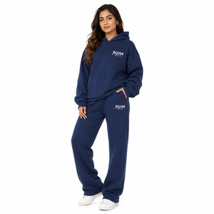 Womens Regular Fit Hoodie & <b>Wide</b> <b>Leg</b> <b>Jogger</b> Tracksuit Set | Casual Gym Activewear Polyester/Cotton Fleece - Product Image 1