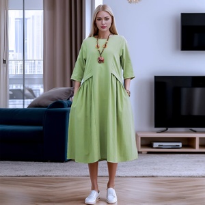 Robe midi en lin personnalisée, robe en lin à manches 3/4 avec poche latérale, tenue de vacances grande taille, fournisseur OEM ODM - Product Image 2
