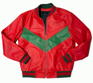 Chaqueta de piel de vaca Varsity de cuero de béisbol de la mejor calidad real verde roja al por mayor para hombres - Product Image 1
