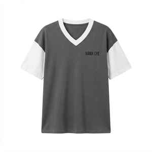 Women's Gray V-<b>Neck</b> Oversized T-Shirt Color Blocking Short Sleeve Loose Fit Cotton Jersey <b>Top</b> Spring Summer Wear - Product Image 6