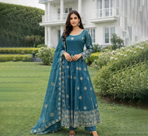 Venta caliente nueva ropa de fiesta Faux Georgette con vestido de trabajo bordado con conjunto Dupatta para mujer vestido de Bollywood al por mayor - Product Image 1