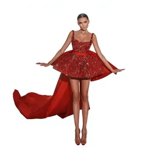 Vestido de satén de lujo con tirantes finos, corte sirena, cintura imperio, largo a media pantorrilla, transpirable y ecológico, con diseño de roseta escultural color escarlata. - Product Image 5