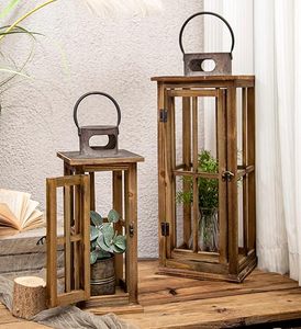 Rustic Wooden <b>Lantern</b> <b>Set</b> Farmhouse Decorative Candle Holder <b>Lanterns</b> with Glass Panels for Home Wedding Table Decor - Product Image 1