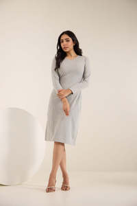 Vestido Midi Gris Sencillo de Punto, Cuello Redondo, Manga Larga, Estilo Tubo, Casual, para Uso Diario, Transpirable, Corte Regular, Color Sólido, Manga Completa - Product Image 2