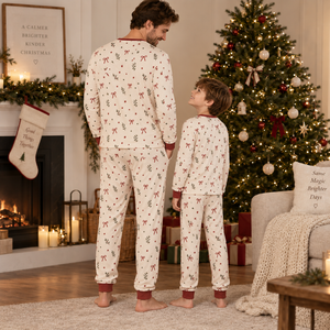 Christmas Pajamas Set Long Sleeve <b>Knitted</b> Cotton Printed Bows <b>Pattern</b> Crew Neck Full Length Soft Cozy Winter Sleepwear - Product Image 4