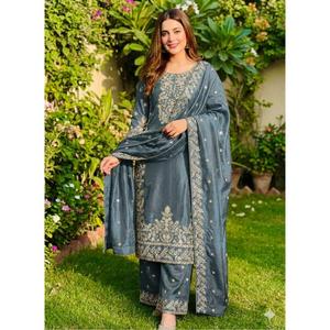 Premium GMY Silk Embroidered Sequence Work Suit Set with <b>Top</b> Bottom and Dupatta Women <b>Festive</b> Wedding Party Wear - Product Image 4