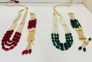 Exquisite Handcrafted Combo of Traditional Pearl and Gemstone Jewelry Crimson <b>Ruby</b>-Red and Deep Emerald-Green bracelets <b>Necklace</b> - Product Image 2