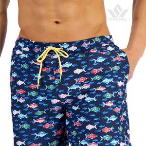 Short de bain pour homme à imprimé poissons blancs, séchage rapide, cordon de serrage, taille mi-haute, avec poches latérales - Product Image 3