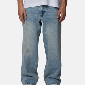 Men's Straight Leg Distressed Denim Jeans Mid Wash Loose Fit Cotton Casual Spring Style Ripped Detail - Product Image 2