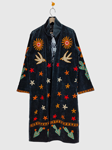 Embroidered Floral Velvet Jacket Mandarin Collar Full Sleeve Prairie Chic Style Plus Size Women'<b>s</b> Winter Wear - Product Image 3