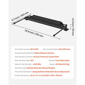 Piegatrice per Lamiera da 30 Fogli, Capacità 18-Gauge, Piegatrice a Cassone Regolabile 0-135 Gradi, Macchina Piegatrice per Metallo Senza Vibrazioni per Lamiera - Product Image 5