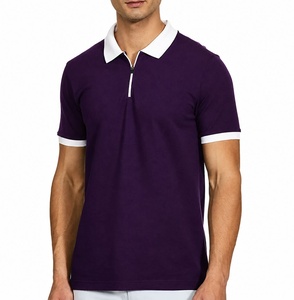 Polo à manches courtes pour homme, couleur unie violette, avec col et poignets blancs, style décontracté tricoté, longueur normale - Product Image 1