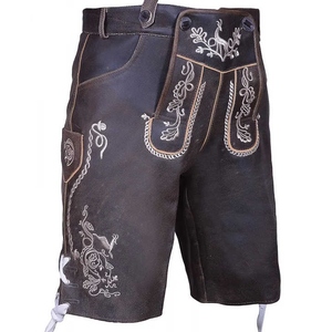 Shorts traditionnels en cuir noir pour homme avec broderie dorée, taille haute, fermeture boutonnée, style décontracté - Product Image 3