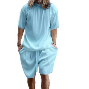 Ensemble t-shirt et short en tricot côtelé bleu clair pour homme, tenue décontractée d'été respirante en deux pièces - Product Image 1