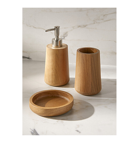 Ensemble de salle de bain en bois naturel, distributeur de savon et porte-brosse à dents/porte-dentifrice, finition brillante, artisanat, prix avantageux - Product Image 4