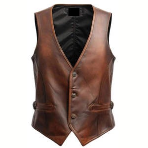 Gilet sans manches en cuir véritable pour homme, col en V, fermeture éclair sur le devant, style motard, couleur unie, automne - Product Image 1